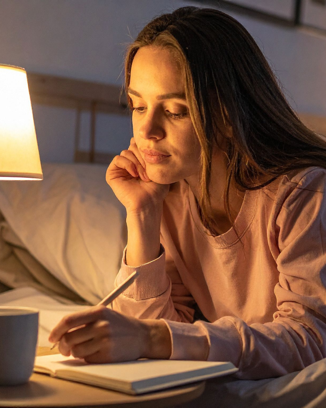 A woman laying on her bed, writing in journal under lamp light. 