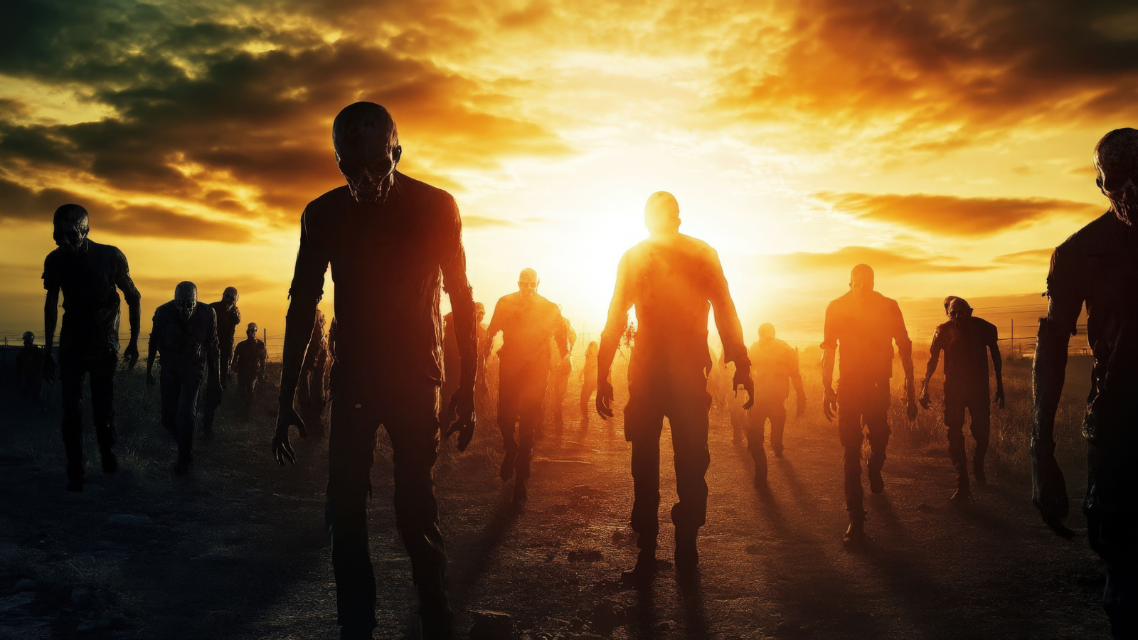 A dark image of people walking like zombies. 