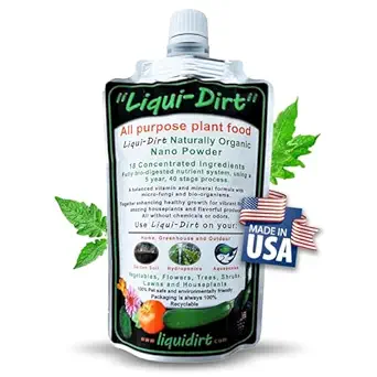All natural liquid dirt plant food bottle for healthy houseplants.